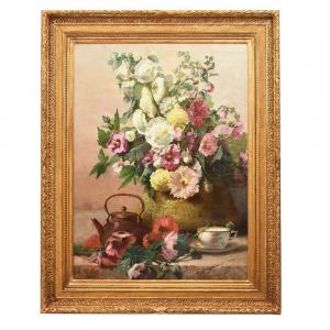 DIPINTI ANTICHI DI FIORI, NATURE MORTE CON MALVAROSE E HIBISCUS, OLIO SU TELA, DELL 800. (QF648)